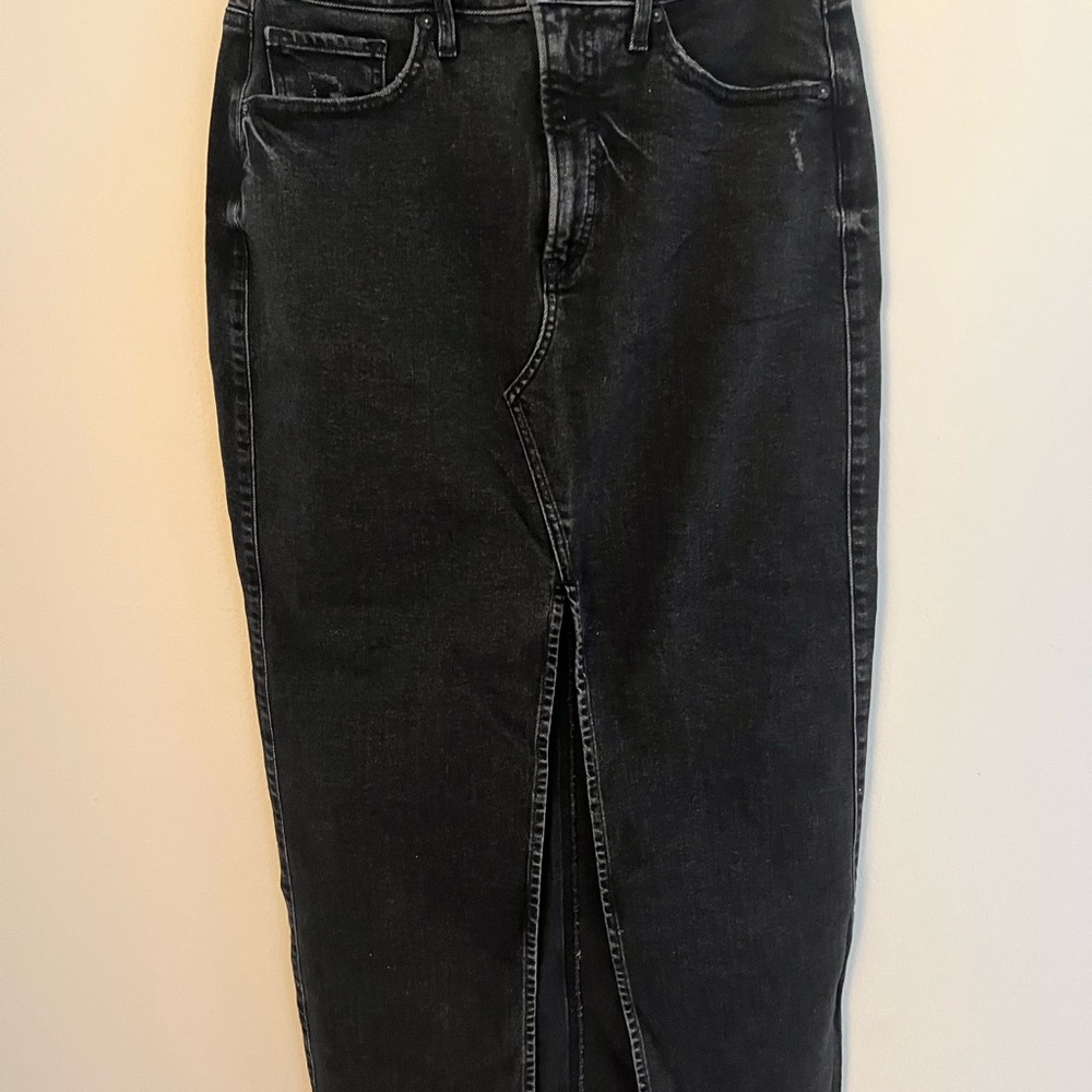 Express High Waisted Black Raw Hem Front Slit Maxi Denim Skirt